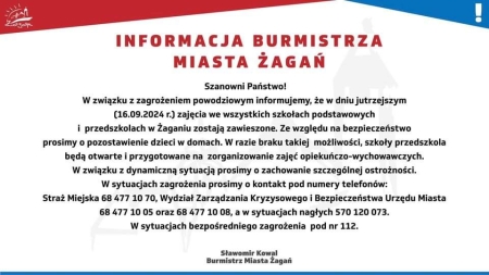 W dniu 16.09. zajęcia szkolne zostają zawieszone.